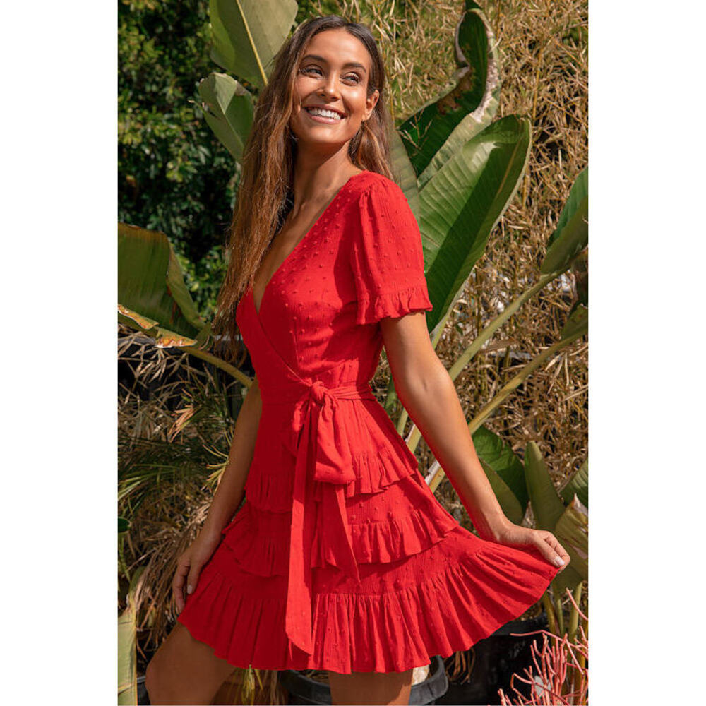 Lulus Call Me Cute Red Swiss Dot Tiered Faux Wrap Mini Dress - Size S